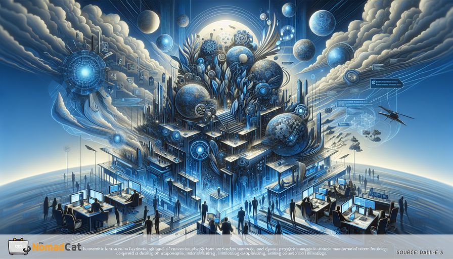 Create an image representing a futuristic landscape overwhelmed by shades of blue, symbolizing the dramatic change in teamwork cradled by modern technology. Within this landscape, narrate the evolution from conventional, physical teamwork to an adaptable, interconnected, online setup. Depict hints of advanced virtual meeting tools and dynamic project management utilities, imagined as trailblazing structures or metaphors, harmonizing with the ambiance. Stress on the universal, inclusive nature of this modern workspace by merging abstract figures of diverse descents like Caucasian, Hispanic, Asian, and African, cooperating in sync across this electronic topography and eliminating geographical limitations. Reflect a culture of persistent evolution and adaptability through altering shapes or patterns in the artwork, emphasizing the theme of operational excellence and these technologies' strategic value in building a connected, efficient, and innovative workspace.