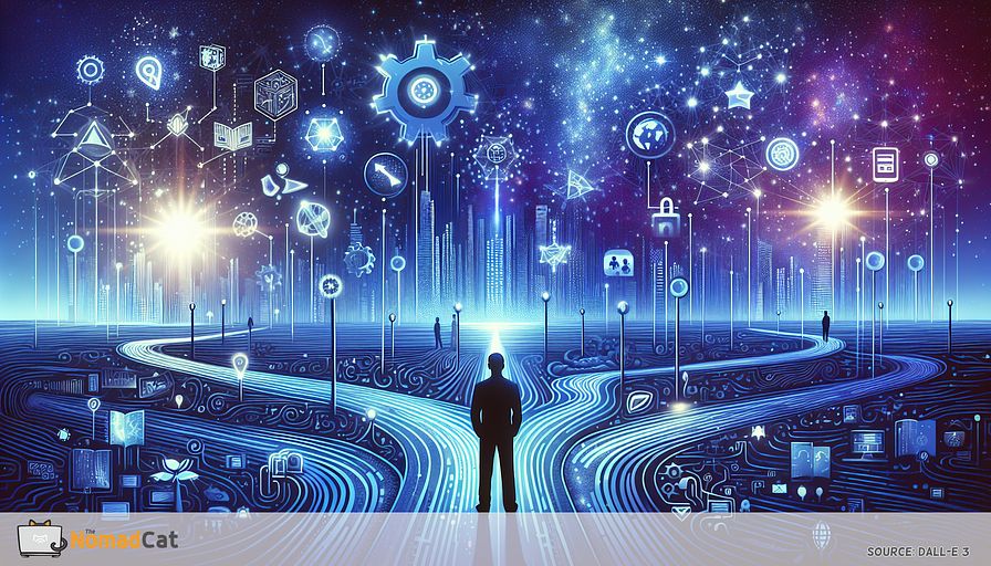 Create an abstract illustration dominated by shades of blue, depicting the multifaceted journey of an aspiring male, South Asian Chief Technology Officer (CTO). Envision a landscape that symbolizes a blend of technical expertise, leadership acumen, and unwavering passion for technology. In the foreground, illustrate a figure standing at the junction of pathways representing continuous learning, innovation, and networking within the technology sector. Each path should be adorned with symbols like gears, digital networks, and open books, leading towards a prominent, futuristic city skyline in the background. This city, glowing with blue tones, embodies the successful alignment of technology initiatives with business objectives. Above this scene, weave a digital sky where ideas, represented by constellations of stars, connect to form a visionary map, highlighting the aspirant's journey to becoming a CTO.