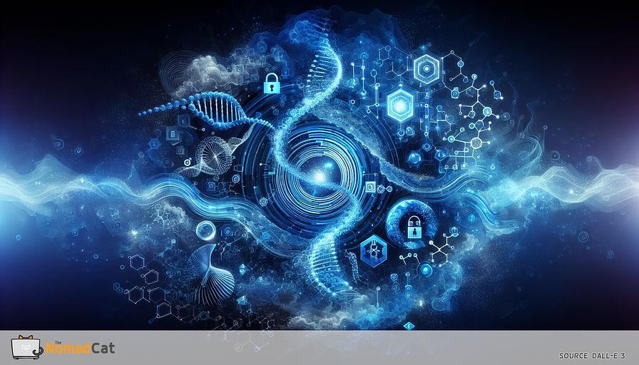 Create an abstract illustration dominated by blue hues that visualizes the transformative influence of quantum computing. Think swirling, interconnected quantum circuits linking traditional computer chips with next-generation quantum processors. Include symbols that stand for various fields: a lock for cryptography, a strand of DNA for pharmaceutical research, and abstract forms for untapped discoveries. Surround these constituents with a lively, otherworldly glow that signifies the extraordinary power and potential of quantum technology. Add in a slight contrast to signify the obstacles, such as a broken shield symbolizing the challenges to existing encryption standards, all integrated smoothly into the balanced blue structure.