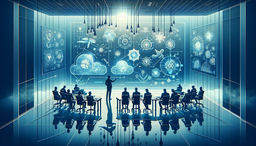 Visualize an abstract executive office from the future, bathed in soothing shades of blue, where leaders in technology and engineering are facilitating an effortless merge of augmented reality (AR) collaboration tools. Picture these leaders as silhouettes, overseeing a holographic display that illustrates cutting-edge AR communication capabilities, such as spatial audio and the manipulation of 3D objects. The office is embellished with symbols that metaphorically connect traditional remote work tools with immersive AR technology, drawing attention to its disruptive influence on leadership roles. The abstract rendering should encapsulate innovation, teamwork, and the crucial function of technology in enriching remote workplaces.