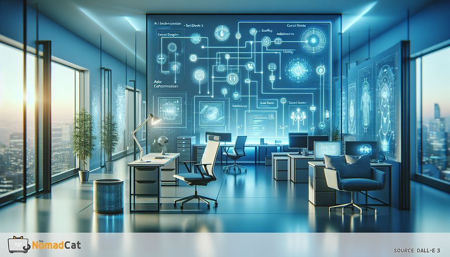 Depict a futuristic office environment bathed in soft, calming shades of blue. The room should showcase advanced technology and innovation at every inch. Artifacts such as smart desks and chairs that cater to user's comfort preferences, an AI-powered climate control system ensuring the optimal temperature and an advanced security system upholding safety subtly should be visible. This image should carry an abstract representation, stressing the interconnectedness of an ecosystem where each element contributes to a symphony of data thereby enhancing productivity and comfort. The overall theme should underscore the harmony between technology and humanistic design, picturing a future where workplaces transition to enhanced workspaces due to IoT.