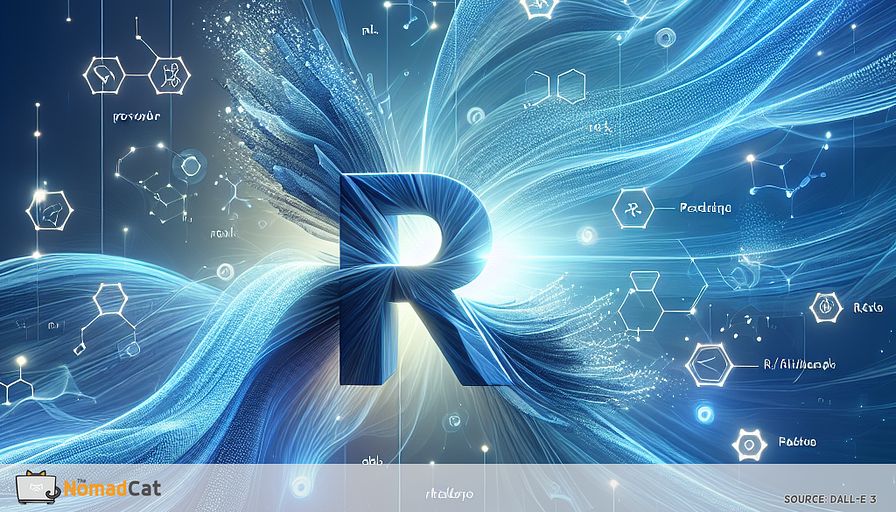 Create an abstract illustration that captures the essence of startup agility powered by R for real-time data processing. Imagine a dynamic, flowing network of interconnected blue data streams, symbolizing the seamless integration and rapid movement of information. In the center, envision a stylized, abstract representation of the letter "R," emanating a soft, radiant light, signifying its role as a powerful tool for data analysis and visualization. Surrounding this central figure, depict various geometric shapes representing data packages like RHadoop, sparklyr, and streamR, all in harmonious motion, illustrating the efficiency and speed of R in handling large datasets. The background should be a gradient of deep blue tones, creating a sense of depth and innovation, evoking the feeling of a startup's fast-paced, ever-evolving environment.