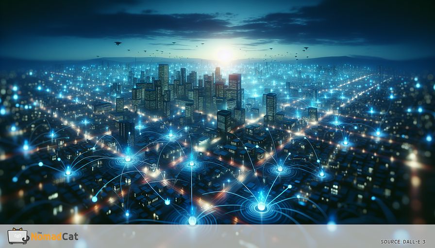 Visualize a city of the future during twilight, at which boundaries between the corporeal world and cyberspace are blurred. Imagine thousands of interconnected IoT devices, shown as radiant orbs of light, perfectly blended into common objects. These objects could be anything from streetlights to automobiles, all pulsating with streaming data. The orbs are linked with glowing blue currents of data that travel towards multiple analytical points throughout the city - represented as towering structures bathing the surroundings in soft blue glow. These points work as urban brains, locally processing and analyzing data for instantaneous decision-making and optimized operation. Above, a deep indigo sky is punctuated with drones serving as the eyes of the IoT, overseeing security and compliance across the network. This abstract vision embodies the intense fusion of Edge Computing and IoT, envisioning a future where technology refines city life, minimizes delay, enhances bandwidth, and does so under calming blue hues reflecting innovation and progressive thinking.