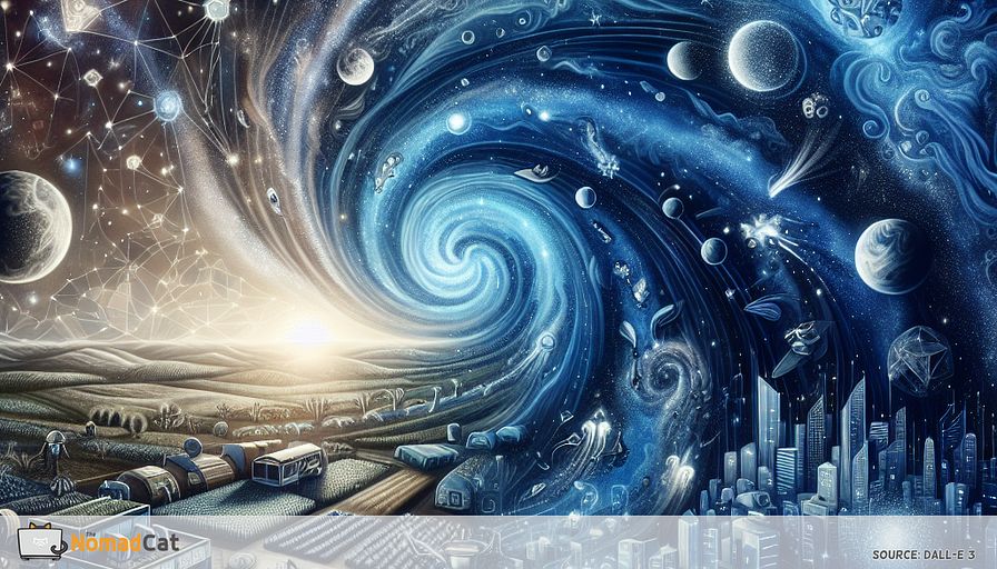 Create an abstract illustration that embodies the transformative journey of space technology as it descends from the vast cosmos to reshape everyday life on Earth. Imagine a celestial tapestry woven with rich blue tones, where constellations morph into everyday objects like memory foam mattresses and smartphone cameras. Picture swirling galaxies transforming into intricate patterns of urban landscapes, agricultural fields, and innovative startups, each illuminated by the glow of distant stars. Highlight the interplay between space-derived innovations and terrestrial applications, capturing the dynamic energy of technology transfer. This visual narrative should evoke a sense of wonder and possibility, emphasizing how the infinite potential of space exploration seamlessly integrates into our daily existence, enhancing comfort, efficiency, and creativity.