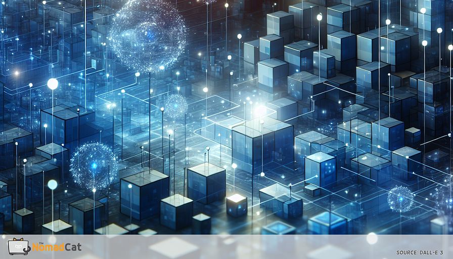 Create an abstract illustration with an array of interconnected blue-toned cubes and spheres, representing the concept of edge computing. The scene should depict a bustling, dynamic environment where data flows seamlessly between these geometric shapes, symbolizing the rapid processing and feedback loops essential for MVP development. Include subtle hints of digital circuitry to emphasize technological innovation. The background should be an ethereal blend of deeper blue hues, suggesting a vast, interconnected digital landscape, while the foreground features a few highlighted shapes glowing with a gentle luminescence to signify the immediacy and efficiency of edge computing.