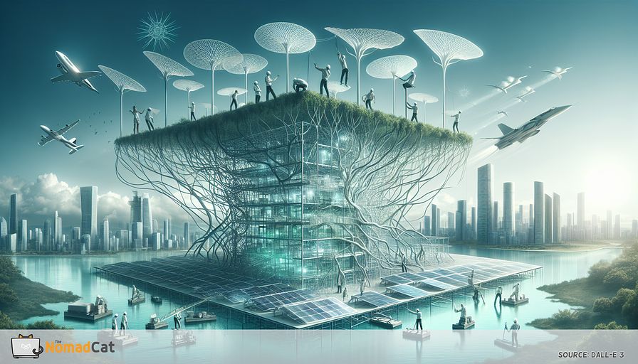 Envision a forward-thinking construction zone where cutting-edge technology and environmental sustainability come together, set within a tranquil, cyan-tinged canvas. In this portrayal, a diverse group of workers, including Caucasian women, Hispanic men, and South Asian individuals, are joining together a structure, the walls of which mirror nature's leaves, suggesting the implementation of environmentally friendly resources. The roof boasts solar panels designed to imitate the form of immense flower petals, harnessing the power of the sun. A web of root-like structures, indicative of intelligent tech, sprawls over the terrain, optimising power consumption across the construction zone. In the far distance, the silhouette of a metropolitan skyline, where each edifice adheres to these eco-conscious principles, blends with the horizon line. This creative depiction should encapsulate a prospective vision of the construction industry where green architectural technologies unite infrastructural needs with the preservation of nature.