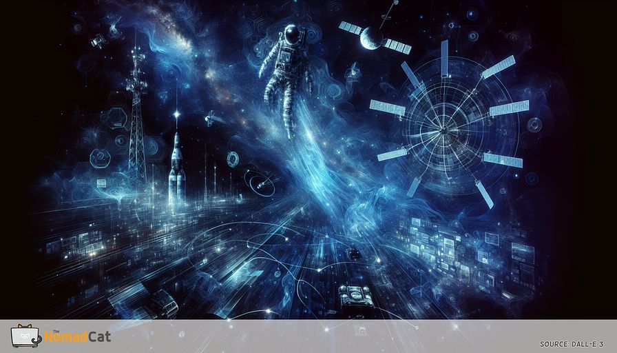 Generate an abstract illustration dominated by blue tones, emphasizing cutting-edge innovations in space exploration technology. Capture elements of pioneering propulsion systems, sophisticated spacecraft materials, autonomous navigation, renewable life-support systems, and enhanced satellite communication. Depict a lively, futuristic scene with a spacecraft soaring through the universe, forging a route through a complex network of satellites, each emitting signals to denote advanced communication and data gathering capabilities. Incorporally faint impressions of a human presence, like a translucent, spectral figure directing the mission, which stands as a symbol for enduring and safe human voyages. The overall visual should be a well-integrated mix of technological advancement and the infinite, mystifying charm of space, signifying the bright future of space exploration and its capacity to provide remedies for Earth's problems.