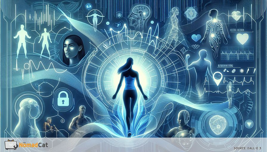 Create a futuristic abstract illustration dominated by blue tones, showing the evolution of wearable technology. Include an array of innovative smart clothes and biometric devices, smoothly incorporated into everyday life. Depict abstract representations of diverse human figures like a South Asian woman exercising, a Hispanic man relaxing, and a Black woman working, with glowing lines linking their tech wear to a central hub symbolizing the accumulation of wellness information. The backdrop should consist of soft, curvy patterns and digital lines highlighting the flow of information and predictive analytics. Highlight the concept of improved human performance, health advancement, emotional wellbeing, and the peaceful merging of technology into daily living.