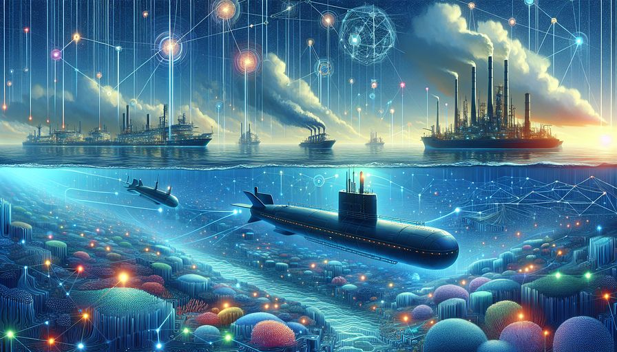 Create an abstract illustration that visualizes the concept of data mining as a deep-sea exploration in a vast ocean of digital information. In this scene, sophisticated submarines, embodying cutting-edge data analytics tools, navigate through intricate networks of data streams and code corals, extracting valuable insights depicted as glowing, multi-colored gems. Above the water surface, futuristic factories adorn the coastline, symbolizing industries. These factories are linked to the submarines below by beams of light, symbolizing the flow of predictive maintenance information. The sky boasts interconnected nodes and satellites, representing the Industrial IoT, knitting a web of communication and decision-making pathways. The entire scene is painted in shades of blue, emphasizing the depth of analysis and the cool, calculated approach to technology leadership in an evolving landscape.
