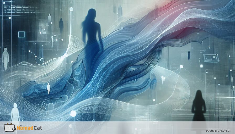 Abstract illustration in blue tones symbolizing a graceful departure from a tech role. Visualize flowing, translucent shapes resembling digital data streams merging gently with human silhouettes, representing the balance of automation and personal connection. Include subtle motifs of checklists, overlapping documents, and soft, interconnected nodes to suggest knowledge transfer and communication. In the background, faint outlines of laptops and code fade into misty gradients, while bridges of light connect figures, symbolizing reputation and ongoing networks. The mood is calm, thoughtful, and quietly optimistic, evoking the emotional nuance of leaving without burning bridges.