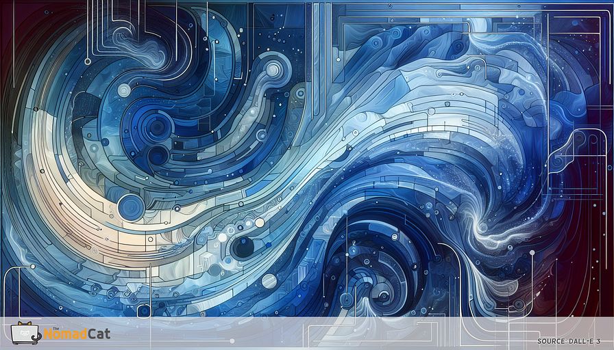 Create an abstract illustration that captures the fluid distinction between work and personal life in shades of blue. This image should embody the seamless blend of professional and personal elements, symbolized by interconnected geometric shapes or swirling patterns. Include subtle representations of technology, such as sleek, digital lines or nodes, hinting at remote work's role in this evolution. In one section, depict an area slightly more structured, representing traditional work models, transitioning into a more fluid and harmonious area that illustrates the modern pursuit of balance and flexibility. The overall artwork should convey a sense of both the challenges and solutions in achieving work-life integration, emphasizing clear boundaries through contrasting textures or shades within the blue palette. Highlight the movement towards a future where work and personal life coexist in a balanced, interconnected dance, all under the overarching theme of well-being and productivity.