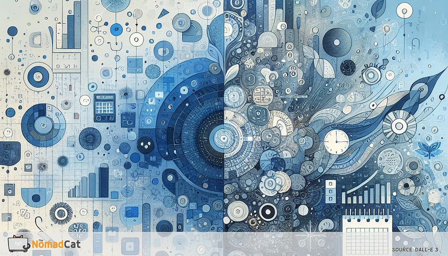 Create an abstract illustration in calming blue tones that visually represents the transformation from a chaotic, fragmented tech career to a harmonious, value-driven portfolio. Start with a disordered cluster of overlapping digital icons, calendar fragments, and scattered code symbols on the left, fading into visual noise. Gradually transition to the right, where the elements realign into an interconnected ecosystem of shapes—overlapping circles and flowing lines—symbolizing synergy, balance, and self-identity. Integrate subtle motifs of growth (such as blooming flowers or rising geometric forms), and weave in minimalist imagery of hobbies like gardening or carpentry tools to represent personal priorities. The overall composition should evoke clarity, autonomy, and a sense of calm purpose, contrasting the initial chaos with a serene, integrated whole.