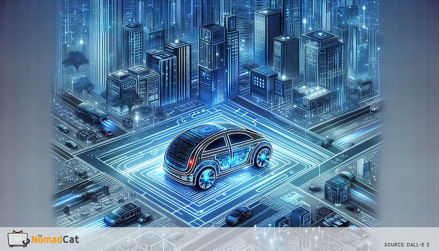 Create a detailed abstract illustration primarily in varying shades of blue, that captures the transformative role of autonomous vehicles in modern transportation. Visualize futuristic self-driving cars seamlessly occupying a technologically advanced cityscape. The vehicles should exhibit traits of artificial intelligence and robotics, demonstrated by complex patterns and luminous circuitry-like designs. Convey the benefits in terms of road safety and decreased traffic congestion by portraying well-coordinated and flowing vehicular movement. Incorporate minimal suggestions of reduced carbon emissions and inventive transit solutions. The overarching background should subtly communicate a continually evolving metropolis, reflecting shifts in urban planning and economic structure. Overall, encapsulate a vision of a smarter, more efficient future of mobility.