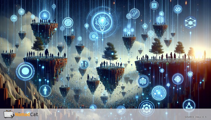 Create a vivid representation of a metaphorical landscape illustrating lifelong learning in a dynamic work setting. In this digital expanse, imagine people of diverse descents and genders engaged in climbing a network of floating islands, each rising towards a bright digital sky. Each ethereal island is unique, emblematic of different capacities and triumphs, dotted with glowing digital badges that emit gentle blue glows. These badges act as stepping stones, leading the way and lighting up the onward path. Illustrate the notion of micro-credentialing as a connector between aspiration and success, shining a light on how these digital tokens not only endorse progress, but also illuminate the career progression journey in an ever-transforming professional milieu. Emphasize the theme of growth, adaptability, and the future of professional growth through surreal, abstract imagery in dominant tones of blue to evoke a sense of peace, assurance, and progress.