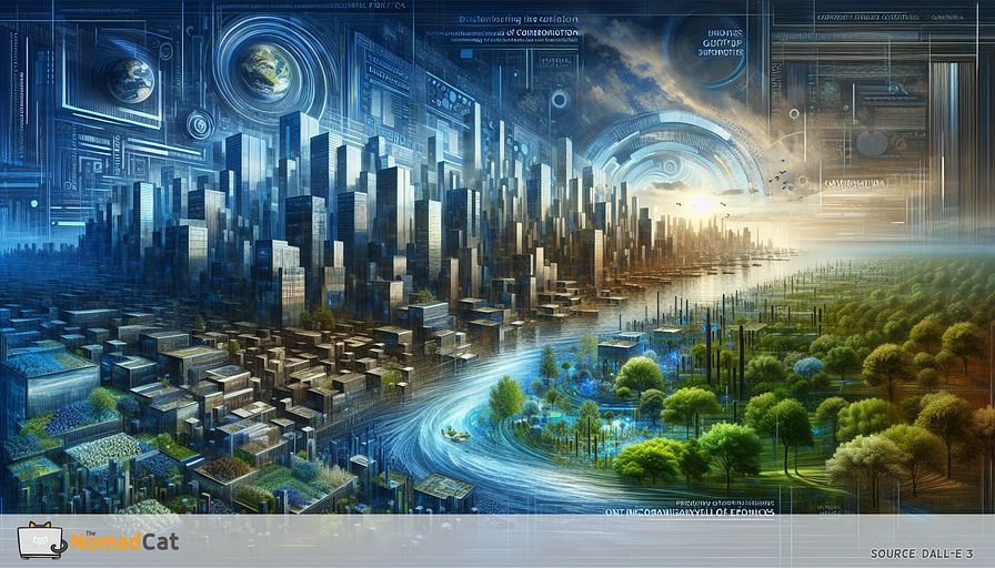 Visualize an abstract concept that embodies the contemporary world of commerce, with a focus on sustainability and corporate ethics. Picture a vast, unfolding urban landscape where conventional architecture transforms into vivid, green habitats, signifying businesses adapting their methods to incorporate sustainable tactics. The entire view is drenched in different tones of blue portraying a calm, promising future. Incorporate elements which represent modernization, such as advanced tech harmoniously blended with nature's components like trees, water, and sunlight, illustrating the merging of ecology and economy. Emphasize the interaction between the artificial and the organic, demonstrating the evolution of supply routes into sustainability conduits. This artwork should encapsulate the quintessence of enterprises steering through the hurdles of preserving eco-morals while chasing profitability, ultimately depicting a world where business ethics and preservation of nature exist side by side.