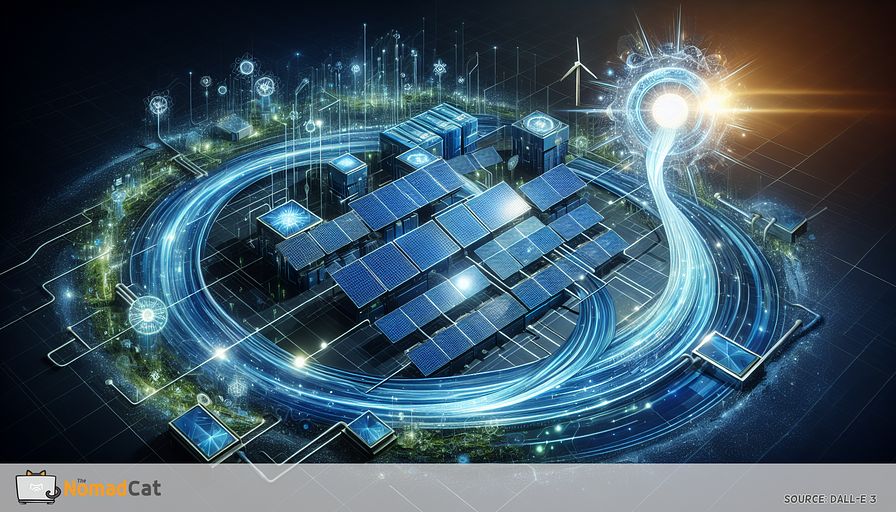 Conjure up an abstract vista with futuristic, blue-toned solar panels as they bask in the radiant, stylized sunlight. These panels should glint with efficiency, transmuting the sunlight into vibrant, glowing channels of energy which meander their way into streamlined, innovative energy storage apparatuses. The interconnections between these units should embody the idea of an uninterrupted, reliable power source. Incorporate elements signifying affordability and environmental sustainability, possibly via the integration of delicate, eco-oriented patterns and symbols denoting cost-effective production. The overall tableau should stir sensations of innovation and opportunity, accenting the rapid advancements in the solar technology sector and the pivotal role of the tech industry in spearheading a sustainable future.