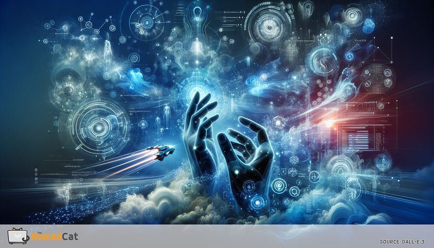 An abstract illustration capturing the essence of gesture control technology. A pair of ethereal, glowing blue hands hover in mid-air, surrounded by a cloud of abstract, luminous symbols and algorithms that represent digital interaction. Streams of light and data flow effortlessly from the hands towards an array of diverse digital environments — from a futuristic smart home to a high-tech automobile dashboard, a medical diagnostic scene, and an immersive gaming setup. The background features shades of deep blue, symbolizing the boundless potential of this technology, with intricate patterns of motion detection sensors and AI neural networks subtly woven into the design. The image embodies the seamless, intuitive, and transformative nature of gesture control, highlighting its role in revolutionizing human-computer interactions and bridging the gap between physical and digital worlds.