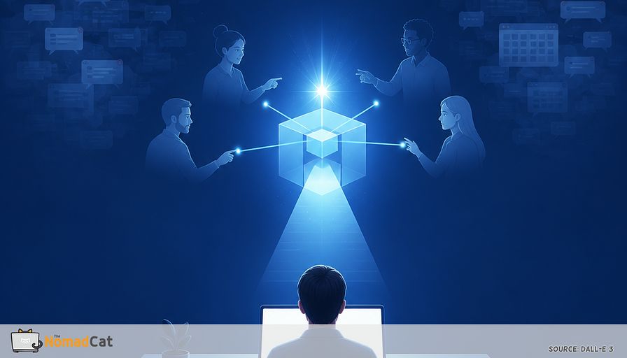 Abstract minimalist editorial illustration in cool blue tones: a calm independent tech professional sits at a clean desk with a single laptop, surrounded by a vast dark-blue digital space. Dozens of faint notification bubbles, chat windows, calendar blocks, and tangled browser tabs dissolve into soft mist at the edges. In the center, three diverse peer silhouettes briefly gather around a glowing geometric problem cube, exchanging a few precise beams of light; the cube opens into a clear pathway and an “aha” spark. As soon as the solution appears, the peer figures and their connection lines gently fade away, leaving no clutter—only a calm workspace, one clear screen, and open breathing room. Visual metaphor for short, focused one-off peer sessions that solve a problem without creating ongoing meetings or digital noise. Modern flat-vector meets subtle 3D gradients, lots of negative space, sophisticated tech editorial style, navy, cobalt, cyan, and white palette, no text, no logos.