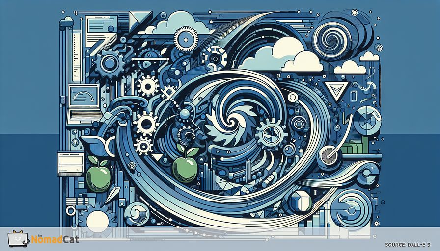 Picture an abstract illustration that envisions the power and efficiency of a cross-platform programming language by leveraging shades of blue. Imagine the design incorporating symbolic elements like interconnected gears and bridges spanning distinct pieces of technology, paired with flowing lines linking emblematic images of a green robot and a fruit. Highlight the avoidance of redundant code through simplified, streamlined shapes. Subtly integrate signs of the language's ability to work with legacy programming libraries such as intertwining paths or spiral structures. Aim for the image to embody a contemporary, tech-oriented aesthetic connoting productivity, uniformity, and adaptability.