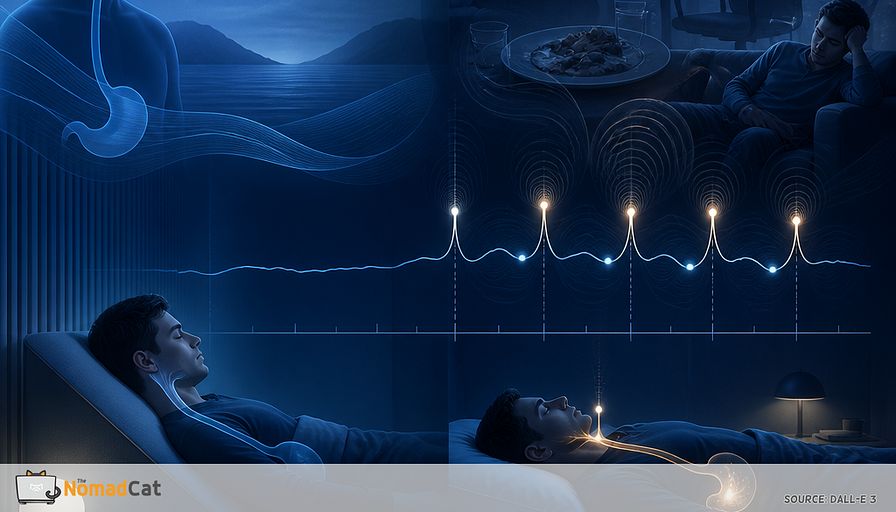 Abstract editorial illustration about silent reflux fragmenting sleep: a modern desk worker asleep in a minimalist bedroom at 03:00, shown in deep midnight-blue tones. The figure lies flat while subtle translucent waves rise from the stomach toward the throat, creating small glowing “interruptions” that ripple through a fragmented sleep horizon. In the background, ghostlike layers suggest a long workday: laptop glow, office chair, late dinner plate, slumped couch posture, all compressed into a quiet mechanical system. A bedside clock softly reads 03:00, with several small luminous wake-up pulses between 03:00 and 05:00. Contrast the restless right side with a calmer elevated left-side sleeping position, represented by smoother blue gradients and fewer ripples. Sophisticated medical-wellness editorial aesthetic, clean geometric forms, subtle anatomy, calm but uneasy atmosphere, navy, cobalt, cyan, and soft white palette, cinematic soft lighting, no words, no labels, no logos.