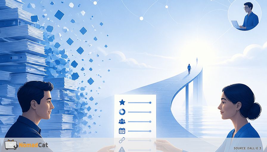 **DALL·E Prompt:**

Create an elegant abstract editorial illustration about the power of a minimalist workplace handover. A calm blue-toned modern office scene rendered in a clean conceptual style: one person gently passes a single slim, neatly organized document or glowing checklist to another person across a desk. Around them, chaotic towering stacks of paper dissolve into soft blue geometric fragments, symbolizing unnecessary documentation fading away. The concise handover document contains simple visual icons for priorities, project status, contacts, deadlines, links, and risks—no readable text. A subtle pathway or bridge extends from the document toward a clear horizon, representing smooth transition, trust, professional goodwill, and future opportunity. Include faint connected nodes suggesting remote global teams across Berlin, Beijing, Paris, and Lisbon without using maps or labels. Minimal composition, ample negative space, refined corporate editorial aesthetic, layered gradients in navy, cobalt, sky blue, and white, soft shadows, calm optimistic mood, sophisticated vector-meets-paper-cut illustration, no words, no logos.