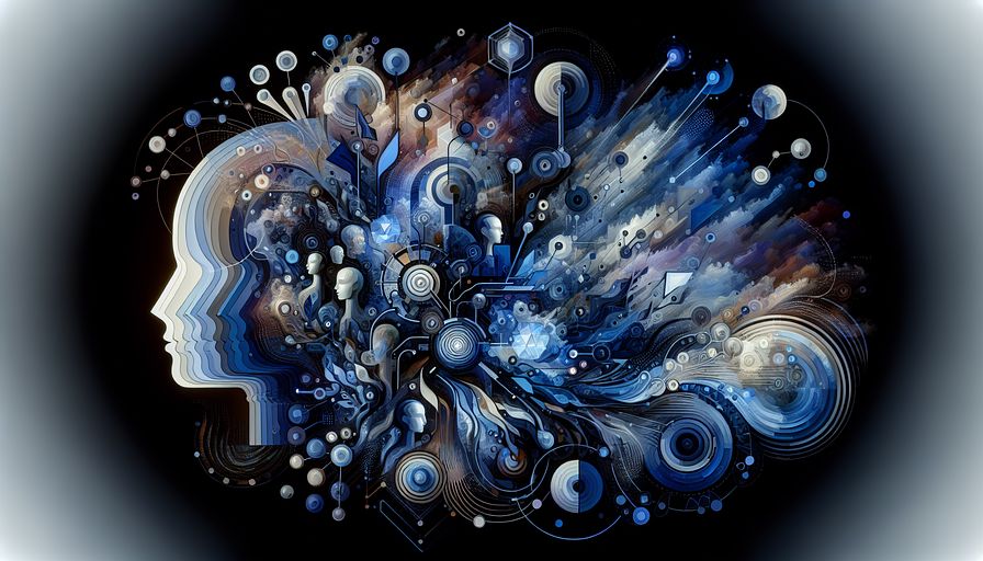 Create a futuristic abstract image that symbolizes the amalgamation of human minds and sophisticated artificial intelligence through voice and speech recognition systems. Visualize this as an orchestra of abstract shapes and surreal entities, predominantly in diverse shades of blue, portraying the fluid and intuitive interaction between people and technology. Incorporate symbolic visuals representing cooperation like joint geometric forms or merging radiance paths, hinting the alliance between a Caucasian female Chief Technology Officer (CTO), a Hispanic male Director of Technologies, and a Black female Director of Engineering. The artistry should emit excitement and potential, reflecting their collective optimism around the transformative influence of Voice AI on businesses and societies.