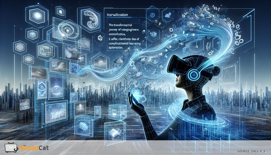 Visualize an abstract, futuristic landscape that represents the transformative journey of occupational growth and instruction, primarily with a palette of blue hues. Picture intertwined ribbons of virtual reality interfaces and digital code floating through the air, embodying the fusion of advanced learning technologies. A central human figure, an individual of South Asian descent and female, encapsulated in the luminescence of a VR headset, demonstrates engagement with these technologies. Surround her figure with rapidly shifting holographic projections depicting varying high-risk job environments and complicated technical situations. These projections underline the practical uses of theoretical knowledge and the safe, controlled learning space provided by VR. Abstract geometric representations of knowledge and skills should flow from the VR scenarios into the learner, visualize the connection between learning and application. The backdrop should be filled with futuristic buildings symbolizing progressive businesses that favor VR-based training, emphasizing scalability and adaptability. This scenario signifies not just the current transition but also the future readiness of occupational skills, hinting at evolution from traditional training modes to immersive, VR-centric experiences.