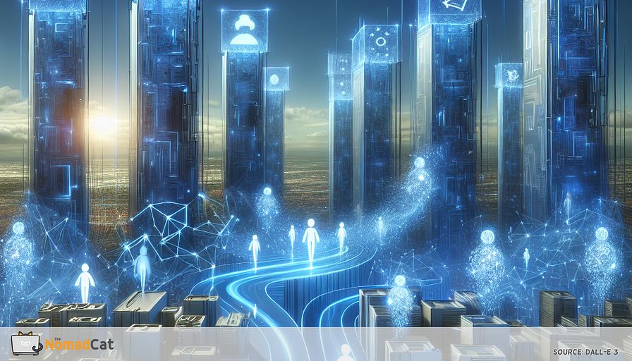 Create an abstract illustration that captures the essence of AI startups navigating the complex landscape of EU regulations as a journey through a futuristic cityscape. The city is composed of towering, translucent blue structures symbolizing the GDPR and AI Act, each building interconnected with glowing pathways that represent compliance and ethical AI practices. In the foreground, visualize a group of AI-driven entities—represented as sleek, abstract forms—progressing confidently and innovatively through this city, harnessing the blue energy lines to build trust and turn regulatory challenges into opportunities. The sky above is a gradient of deep blues, symbolizing the vast potential and innovation that compliance unlocks.