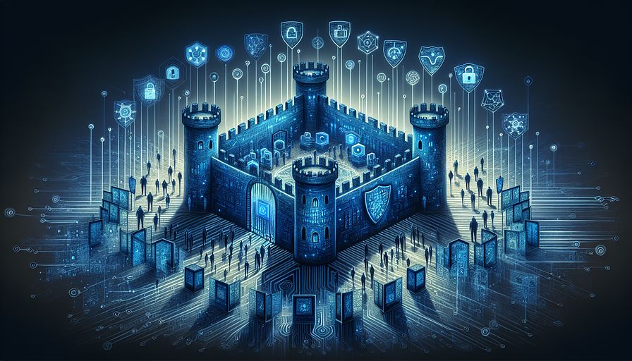 Imagine an abstract illustration where different shades of blue are used to depict the concept of Internet of Things (IoT) security, conceptualized as a digital fortress. The fortress is built from a network of devices and systems, its walls shimmering with cryptic patterns and biometric lock designs. The gateways of the fortress symbolize high-tech protocols such as LwM2M, MQTT, and CoAP, and serve as robust entrances which ensure safe data transmission and verify device identities. Above the digital fort, instead of identifiable tech figures, consider conceptual figures representing leadership in technology and engineering, serving as guiding stars. They are holding shields adorned with symbols of digital trust, thereby illustrating their pivotal role in mastering IoT security and their commitment towards a culture of secure digital ecosystem. This imaginative scene invokes a feeling of advanced protection, complexity, and critical leadership in the domain of IoT security.