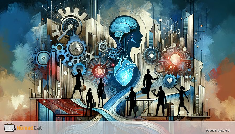 Conjure an imaginative portrayal of an abstract landscape, expressing the dynamic professional world emphasizing leadership evolution. Visualize a forward-looking cityscape where customary structures merge with organically curvilinear designs, hinting at the balance of technological acumen with empathy and emotional savvy. In the front, construct silhouettes of leaders from different descents, such as a Caucasian female, a Hispanic male, a Middle-Eastern female, and a Black male, as bridge builders between mechanical and organic elements. Each should be holding an emblem of emotional intelligence like a luminous heart, a radiating brain, or interlocked hands. Play with multiple gradations of blue to evoke a feeling of serenity, comprehension, and profundity, mirroring the article's focus on the vital role of emotional intelligence and empathy in leadership. Ensure that the illustration encapsulates the spirit of a cooperative and fruitful workplace environment, demonstrating how these leaders add value to a resilient and adaptable organizational culture in the digitized era.