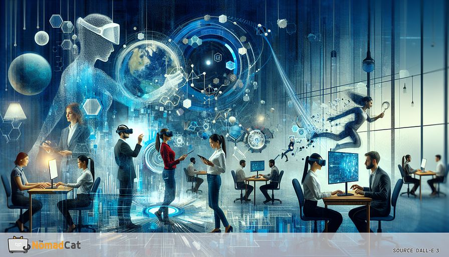 Generate an abstract illustration using predominantly blue colors to depict the transformative impact of Mixed Reality (MR) on contemporary business operations. Picture a futuristic office setting where tangible and digital realities combine fluidly. Showcase a diverse group of professionals such as a Caucasian woman collaborating virtually with a Middle-Eastern man in this hybrid environment. There's a South Asian woman manipulating a 3D product design, next to a Black man participating in a training simulation. Highlight elements of real-time data visualization suspended in the air, spiraling into an interconnected web of information. The overall scene must convey a sense of innovation, efficiency, enhanced communication and symbolize the potential of MR to revolutionize workplace efficiency and collaboration.