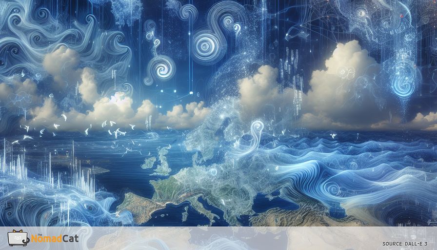 Create an abstract illustration that captures the essence of Europe's rich linguistic landscape intertwined with the advancements of voice recognition technology. The scene should depict a vast, ethereal map of Europe, where each country is represented by swirling waves of blue tones, symbolizing the diverse languages and dialects. Floating above this map, ethereal, translucent sound waves weave through the air, morphing into various shapes and symbols that represent voice tech innovations. Include subtle hints of neural network patterns and digital circuitry to emphasize the technological aspect. The illustration should convey a sense of harmony and integration, showcasing how technology bridges the complex linguistic diversity of Europe, while maintaining an abstract, dreamlike quality.