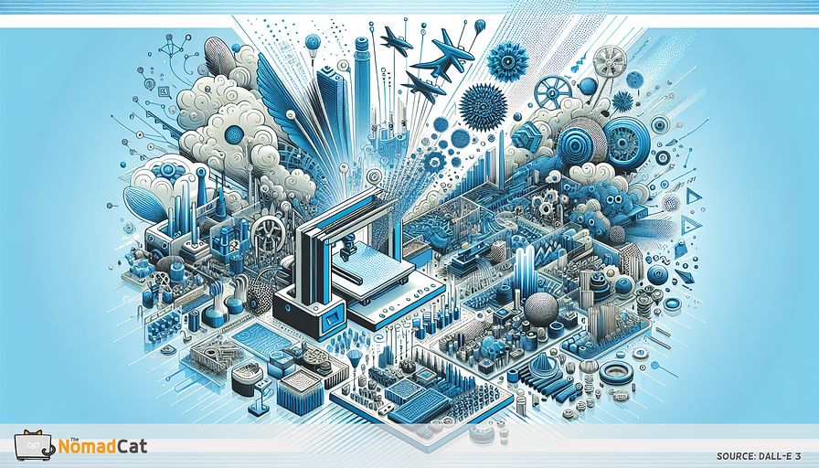 Imagine an abstract illustration that represents the transformative impact of 3D printing technology on the manufacturing landscape. The visual should capture a harmonious blend of the old and new eras of production, using shades of blue to symbolize innovation, sustainability, and efficiency. Envision a scene where traditional manufacturing methods are on one side, characterized by linear, rigid structures and machinery, contrasting with the fluid, dynamic shapes of 3D printers and their creations on the other. Incorporate elements that suggest customization, such as unique, intricate patterns emerging from the 3D printers, alongside symbols of reduced waste, like minimalist design structures. Integrate motifs that reflect the wide range of industries touched by this technology, from aerospace components with sleek, aerodynamic forms to medical devices that showcase complex geometries. The centerpiece should depict a symbolic bridge connecting the two worlds, illustrating the seamless integration of 3D printing into mainstream manufacturing and highlighting its role in driving forward a new era of creative problem-solving and sustainable production practices, all encapsulated within a vivid, abstract landscape filled with varying shades of blue.