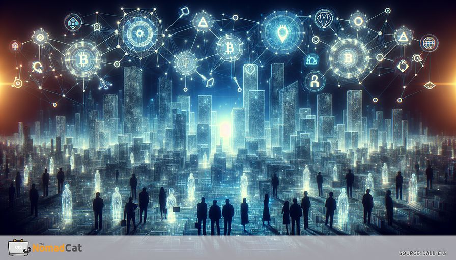 Visualize an abstract representation of technology pioneers, portrayed as futuristic builders from different descents and genders, studying a holographic blueprint of an expansive, decentralized urban skyline. This city, glowing in various hues of blue, signifies Distributed Ledger Technology (DLT) and Blockchain. Each edifice within the city sparkles with designs of connected chains and nodes, symbolizing secured data and its integrity. Above the metropolis, ghostly entities stand for consensus algorithms like 'Proof of Work' and 'Proof of Stake', knit together with strands of luminosity forming the city's structure. The technology pioneers, presented as silhouettes filled with digital patterns, scrutinize the blueprint and its potential to transform efficiency and creativity, considering the equilibrium of possibilities and challenges in this emerging digital frontier.