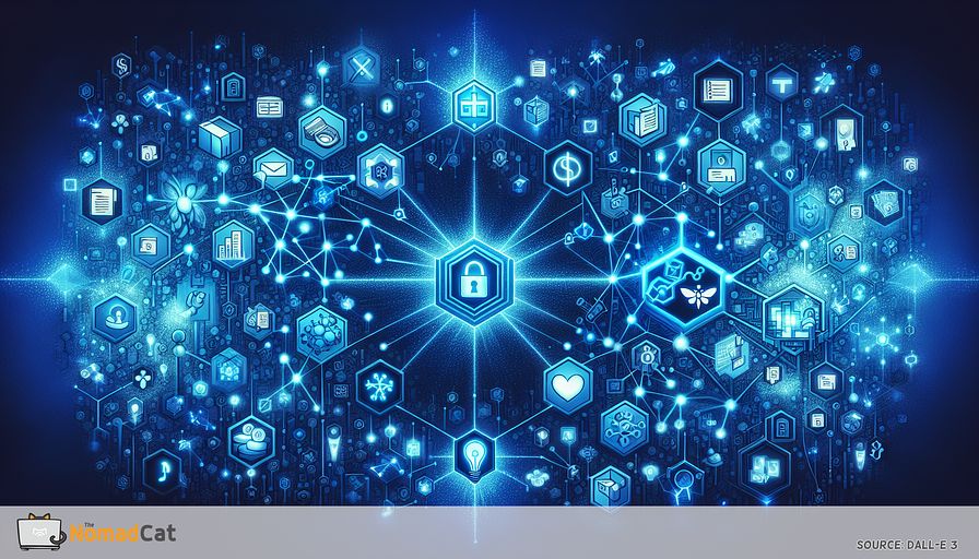 Create an abstract illustration using shades of blue to represent the transformative potential of blockchain technology across various sectors. The focus lies on a decentralized digital ledger depicted as luminous blue, interconnected hexagons at the center. Various symbolic representations of sectors influenced by blockchain radiate outwards:

1. Supply chain management is indicated by interconnected nodes with stylized packages moving between them, each glowing blue.
2. Healthcare is symbolized by a secure vault bearing a blue cross, encircled by floating medical records accentuated with blue.
3. Secure voting systems are represented by interconnected blue ballot boxes, in a network symbolizing tamper-proof elections.
4. Intellectual property rights are illustrated through blue locks and keys surrounding artistic symbols like music notes, books, and lightbulbs, indicating protection.
5. Decentralized finance (DeFi) is depicted by a network of financial symbols - dollar signs, coin stacks, and graphs with no central node, marking the absence of intermediaries.

The background features a blue tone gradient, with abstract shapes and lines suggesting constant movement and innovation.