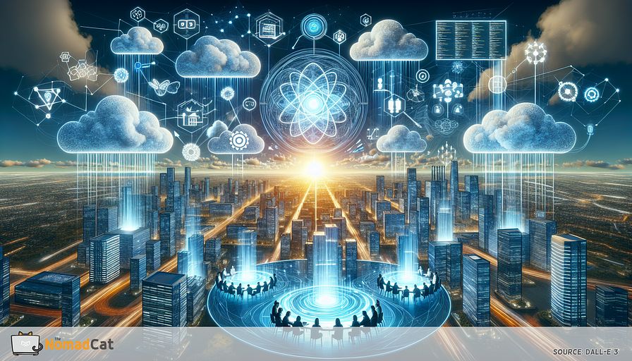 Imagine a digital landscape merging the sky and clouds over an expansive, future-oriented city with a network of abstract, blue-toned lines and geometric forms. This city pulses with the energy of contemporary IT infrastructure, symbolizing an IT executive's sphere of influence. Instead of the sun, a radiant and intricate icon embodying the DevOps concept links the clouds, demonstrating the amalgamation of software development and IT operations. Above these hover clusters of serverless computing platforms, visualized as levitating stages with streams of code flowing between them, nullifying the requirement for a physical base. A bright, continuous stream symbolizing Continuous Integration and Continuous Deployment traverses the city, snaking through buildings to depict the smooth and swift deployment of software revisions. At the city center, several figures gather around a holographic table, representing a mixed-gender, racially diverse group of Tech and Engineering Directors collaborating closely with a central figure, the IT executive. Together, they are aligning cutting-edge IT strategies with broader business goals. Above them, abstract shapes and structures transform to symbolize emerging technologies, illustrating the flexibility and adaptability necessitated in their roles. This scene captures the essence and pivotal role of IT executives in deciphering complex modern IT strategies like DevOps, Serverless Computing, and Cloud Technologies to expedite business development, efficacy, and novelty; all underlaid with peaceful shades of blue reflecting strategic consideration and innovation.