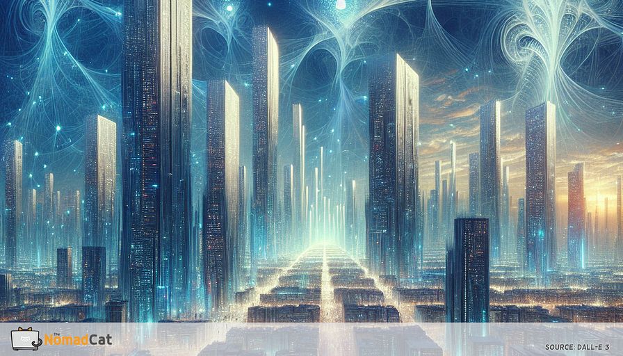 Create a surreal, abstract illustration that captures the essence of a futuristic city where buildings are alive with technology. In this cityscape, towering structures are woven with intricate networks of glowing blue fibers, representing AI and IoT systems. Each building seems to subtly adjust its form and illumination as people approach, suggesting intelligent energy management. The scene is bathed in a palette of deep blues and ethereal whites, evoking a sense of calm efficiency. Above, the sky is filled with softly pulsing orbs, symbolizing IoT sensors maintaining a seamless connection between the buildings. This dreamlike image should convey the harmony between technology and sustainability, highlighting the transformation of urban environments into smart, eco-friendly living spaces.