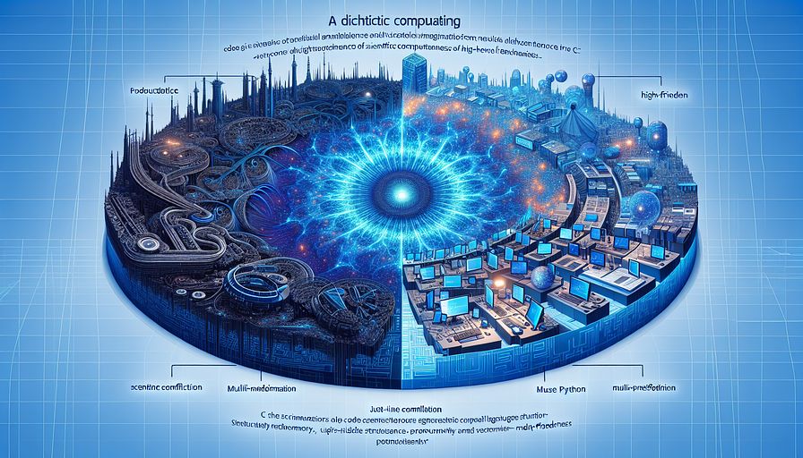 Visualize an abstract cyberspace where the principles of code and scientific computation merge into a depiction. This digital world comprises of two distinct regions: one symbolizing low-level language structure reminiscent of C, characterized by complex, mechanical structures painted in deep, shadowed hues; the other mimics the ease and user-friendliness of high-level languages such as Python, projected in mellow, inviting lights. Central to this digital landscape is a symbolic landmark symbolizing the Julia language, a dynamic amalgamation that brings together elements from both regions in a harmonious balance. This landmark, emanates varying blue hues, portraying the harmony of productivity, performance, and user-friendliness. Surrounding this entity, abstract avatars of 'just-in-time compilation' and 'multi-method dispatch' technologies bring the scene to life, showcasing Julia's optimization potentials. The entire scene vibrates with high-performance computing energy, encapsulating the significant advancements Julia contributes to technical and scientific domains, all captured within an abstract, blue-toned graphic.