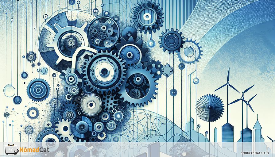 Create an abstract illustration that captures the essence of "Frugal Innovation in European Tech Startups." The scene should be dominated by shades of blue, symbolizing calm, sustainability, and innovation. In the foreground, depict a simplistic yet sophisticated gear mechanism made of recycled materials, representing resource efficiency and clever engineering. Surrounding the gears, include modular designs of tech devices like smartphones and microcomputers, illustrating adaptability and simplicity. In the background, incorporate abstract representations of renewable energy sources, such as solar panels, signifying sustainable growth. Intertwine elements that symbolize European landmarks subtly, to convey the regional adaptation and cultural alignment with frugal innovation principles. The overall composition should evoke a sense of harmony between technology, resourcefulness, and environmental consciousness.