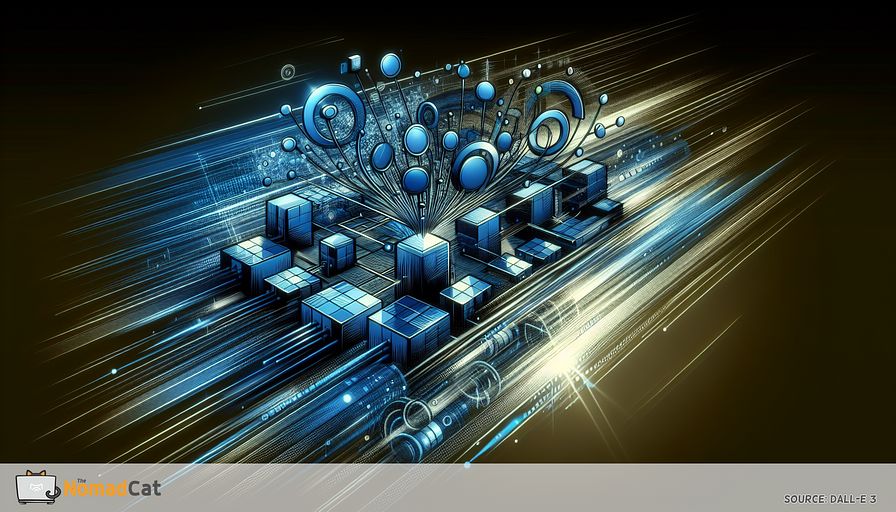 Craft an abstract visualization that encapsulates the core principle of grid computing from a technology officer's perspective. The image should convey the idea of distributing powerful workloads across various systems, illustrated as an ensemble of interconnected nodes in a grid format. Each node should symbolize a machine working on a segment of a bigger task, portraying the joint strength and efficiency when dealing with advanced operations. Integrate shades of blue into the image to represent state-of-the-art technology and reliability. The illustration must communicate a sensation of speed and interconnectedness, displaying the transformative influence of grid computing on large-scope functions.