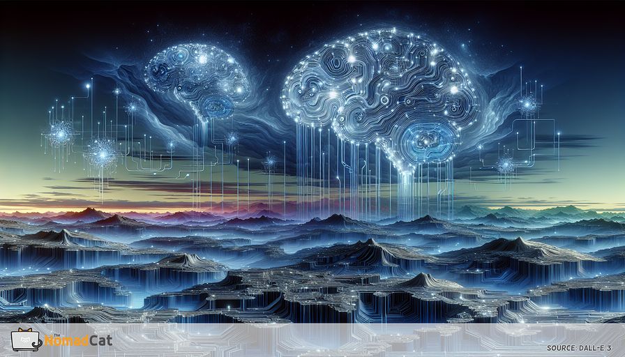 Depict an abstract, futuristic landscape dominated by different hues of blue, encapsulating the advent of neuromorphic computing. Visualize intertwining, brain-like structures made of bright circuits and nodes extending across the skyline, embodying the neural paths of the brain. Suspended above this terrain are nebulous forms epitomizing generic technology pioneers, visualized as custodians managing and nurturing the expansion of these neural environments. Their figures are constructed of the same circuit-like motifs, emphasizing their key role in exploring and molding this advanced technological territory. The schematic should radiate a feeling of deep metamorphosis and limitless potential, encapsulating the spirit of neuromorphic computing and its crucial effect on AI and business innovation.