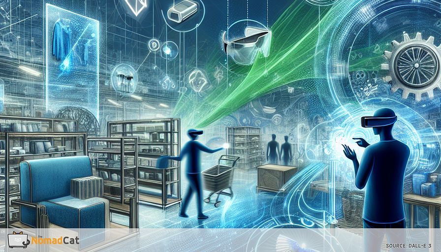 Create an abstract illustration featuring a futuristic retail environment where augmented reality (AR) is seamlessly integrated into the shopping experience. Imagine a scene with customers wearing sleek AR glasses, interacting with holographic displays of furniture and clothing in vivid blue tones. In the background, visualize a stylized, transparent supply chain network, highlighted by dynamic blue lines, indicating real-time inventory management. Show a virtual maintenance guide overlaying a complex machinery part, demonstrating AR's role in extending product lifecycles. Include elements symbolizing eco-friendly practices, like digital representations of carbon footprint data and sustainable material choices, depicted through abstract, flowing green and blue hues. The overall composition should convey a sense of harmony between advanced technology and sustainable consumer behavior, emphasizing AR's transformative impact on retail and the environment.