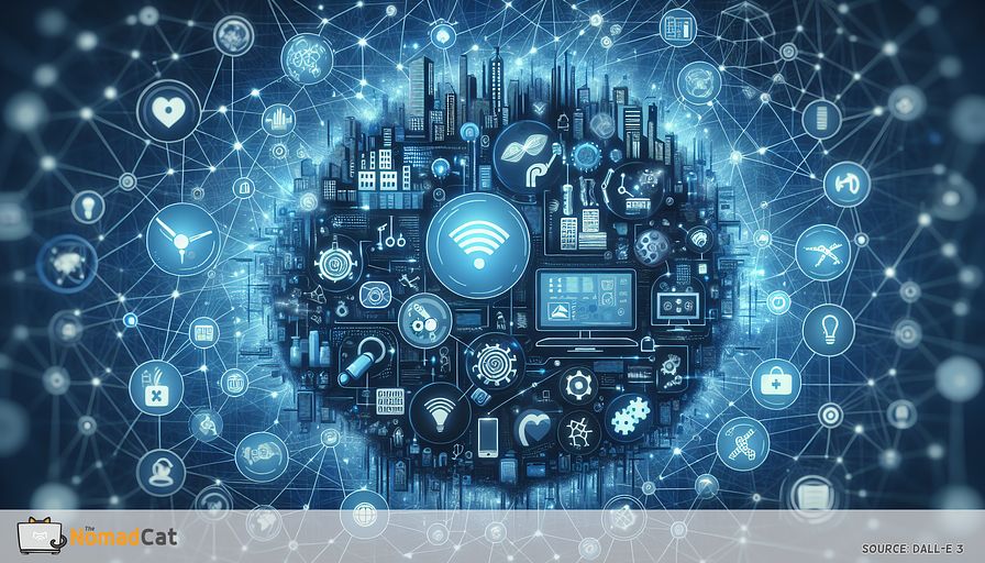 Create an abstract illustration in blue shades that represents a future intertwined environment where advanced devices interact and collaborate seamlessly. Emphasize sectors like manufacturing, healthcare, and urban progress, showing components such as factory machinery, medical apparatus, and city building blocks all connected by complex, glowing networks. Underline the data flow with luminous threads connecting various aspects, symbolizing next-generation networking technologies and data-driven policy-making. Highlight a harmonious, secure ecosystem where each device adds to a more efficient, cost-effective, and adaptable ambience, reflecting the transformational influence of the Internet of Things (IoT).