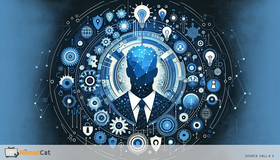 Craft an abstract illustration that encapsulates the multifaceted and vital role of a Chief Technical Officer in a burgeoning company, cast in varying hues of blue. The central figure in the illustration represents the CTO, encircled by emblematic elements like gears signifying strategic planning, intersecting lines and points symbolizing technology harmonization with business objectives, glowing bulbs or forward-thinking icons for the discovery and integration of innovative technologies, shields or locks indicating risk and security management, and representations indicating leadership and supervision over a tech team. All these components must merge seamlessly into one cohesive image that mirrors the CTO's key participation in bolstering the company's success and competitiveness, all encapsulated within an abstract aesthetic dominated by blue shades.
