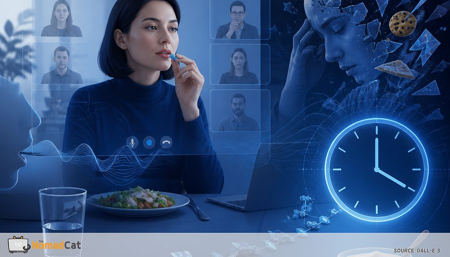 Abstract editorial illustration in cool blue tones: a remote worker framed inside overlapping video-call windows, polished and motionless, holding a tiny mint while a real lunch plate fades into the background untouched. A trail of mint wrappers becomes a thin timeline across the desk, leading toward a large glowing 16:00 clock and a restless, fragmented “afternoon brain” made of sharp craving-like shapes. Visual contrast between clean, controlled digital professionalism and the body’s delayed need for food: a small banana, yogurt cup, nuts, and bread appear as subtle grounding anchors breaking through the abstract forms. Include dry mouth symbolism as pale speech-wave lines and a water glass, with the mint acting like a tiny blue status light. Sophisticated conceptual magazine artwork, minimal composition, layered translucent UI panels, soft gradients, cobalt, navy, cyan, and icy white, gentle surrealism, no readable text, no logos.