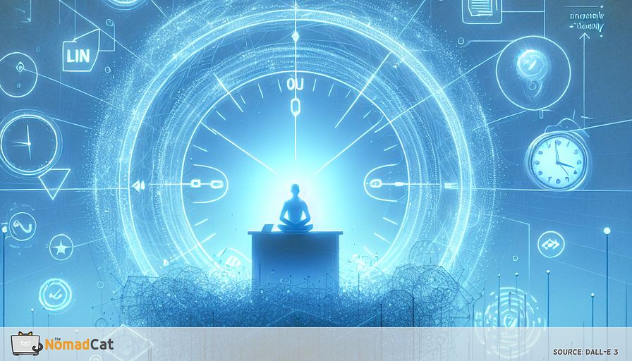 Abstract illustration in blue tones: Visualize the concept of a freelance tech worker’s search for “enough” and escape from burnout. Depict an abstract, minimalist workspace floating in a vast, calm blue expanse, with wisps of digital code, overlapping clocks, and fading LinkedIn logos drifting away into the distance. At the center, a serene figure sits at a simple desk illuminated by a soft blue halo, surrounded by geometric shapes representing boundaries and balance—one side cluttered with tangled lines symbolizing hustle and overwhelm, the other side open and spacious, evoking clarity and peace. The figure’s desk is anchored to a subtle blueprint of monthly essentials (icons for rent, food, tech), while gentle waves of blue light radiate outward, suggesting sustainable pace, self-defined success, and the reclaiming of personal space. No sharp edges; use smooth gradients, soft focus, and harmonious, soothing shades of blue.