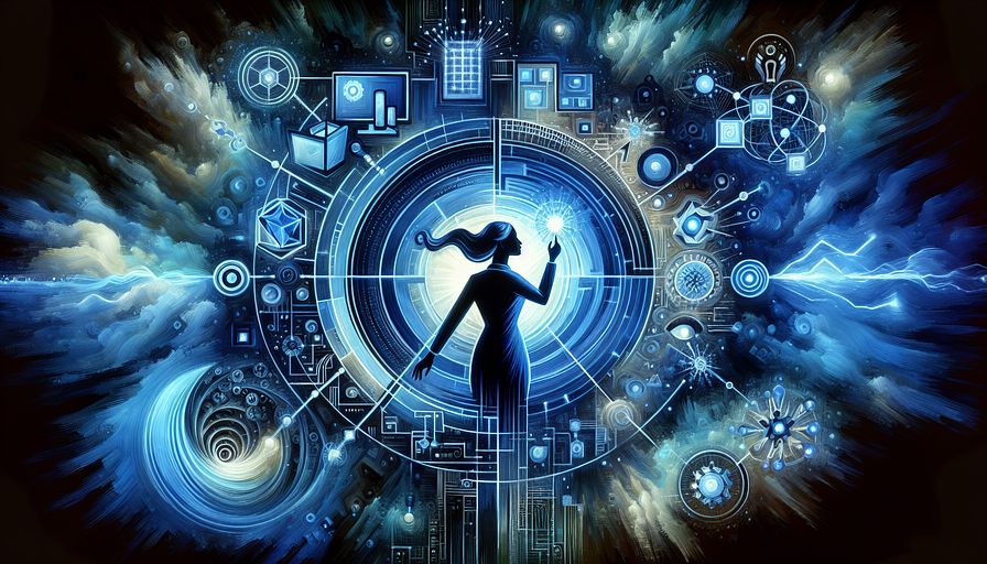 Craft an abstract depiction that embodies the power of supercomputing and its influence on tech advancement. Highlight the profound contribution of high-performance computing, exascale computing, and quantum supercomputers. Reflect a Black female Chief Technology Officer (CTO) as a strategic guide, pushing the boundaries of these advanced computing technologies to lead her organization to success. Incorporate symbols which denote the critical roles of a Middle-Eastern male Director of Technologies and a South Asian female Director of Engineering in improving computational abilities. The art piece should encapsulate the concept of leveraging immense computing powers to tackle complex global issues and promote invention. The image should be largely imbued with hues of blue to symbolize advanced tech and cerebral depth.