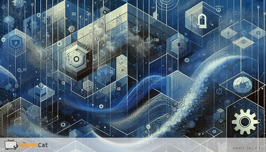 Create an abstract illustration that captures the essence of navigating complex EU regulations within the realm of grid computing. Use a palette dominated by blue tones to evoke a sense of calm and security amidst complexity. Visualize a dynamic grid network interwoven with symbolic representations of key regulations such as GDPR, ePrivacy Directive, and NIS Directive—perhaps as translucent layers or barriers. Incorporate abstract motifs of data streams and digital locks, emphasizing the themes of data protection, privacy, and cybersecurity. The composition should suggest a harmonious balance between innovation and compliance, with elements like gears or circuit patterns subtly integrated to represent sectors like SaaS, fintech, AI/ML, and healthtech. The overall image should convey a sense of forward movement and growth, symbolizing how startups can thrive by mastering these regulatory landscapes.