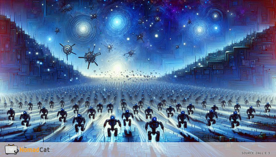 Imagine a vivid abstract illustration that captures the essence of swarm robotics technology. The scene is set within a hazardous environment, portrayed with an otherworldly, dangerous terrain that glows with subtle hints of menace. A large number of simplistic, yet futuristic robots work together seamlessly, their forms abstracted to emphasize coordination, harmony, and the flow of their collective intelligence rather than individual detail. They navigate, adapt, and accomplish tasks through an intricate dance of cooperation, illuminated under a dominant palette of blue tones to convey the cool, calculated nature of their operations. The background hints at complex, interconnected patterns representing their decentralized decision-making process and the potential for revolutionizing exploration and safety in hazardous conditions. This scene should not only capture the technological innovation of swarm robotics but also evoke a sense of wonder at the possibilities of collective intelligence and the advancements it could bring to challenging environments.
