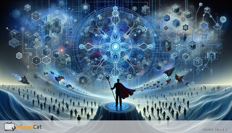 Depict an abstract landscape reflecting the future of technology in engineering, highlighting the pivotal part played by technology leaders. In a world filled with blue hues, envision the generative design and innovative engineering tools as interconnected, ethereal structures. These structures, embodying cutting-edge AI and cloud-computing concepts, grow from foundations symbolic of traditional CAD systems, transitioning into dynamic forms that embody the generation of various design alternatives based on input conditions. 

In the foreground, a South Asian male figure symbolizing a technology leader, cloaked in elements of technology and innovation, oversees this landscape. He wields a symbolic tool that harnesses the power of generative design, guiding the tide of transformation and innovation. Surrounding him, smaller figures representing engineering directors of diverse descents and genders collaborate and contribute to the process, stressing the significance of teamwork in assimilating these new tools.

Floating above this scene like clouds, abstract portrayals of small-scale projects and phase-based methods signify the strategic planning necessary to activate these innovations. The atmospheric impression should convey a strategic opportunity, heightened efficiency, and enhanced product quality, all emanating from the leadership and vision of technology leaders in an ever-evolving engineering backdrop.